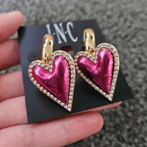 INC INTERNATIONAL CONCEPTS Gold-Tone Pave & Velvet Heart Charm Hoop Earrings